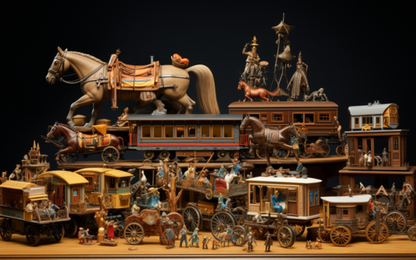 A collection of toy horses, carriages, and more on display. A delightful scene of miniature wonders