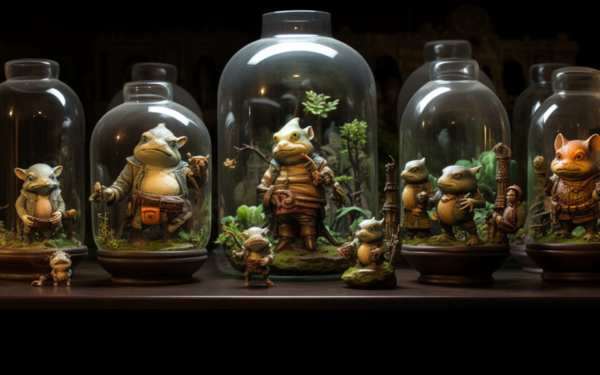 A collection of tiny figurines displayed in glass jars, showcasing a delightful assortment of characters.